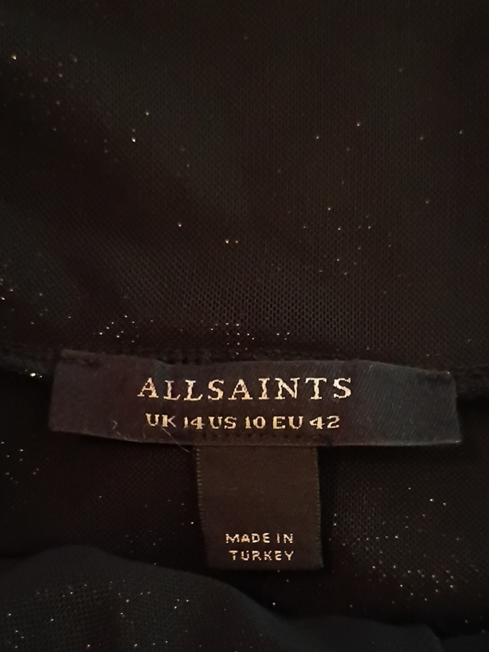 AllSaints Metallic Gold Shimmer On Black Twist-Front Maxi Skirt Over Mini Skirt - Picture 9 of 16